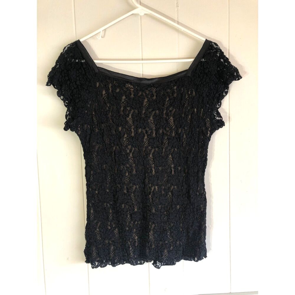 Y2K Cabi Black Floral Lace Sweetheart Babydoll Blouse Nude Mesh Top Whimsygoth L